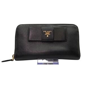 Prada Black Saffiano Leather Zip Around Continental‎ Bow Wallet